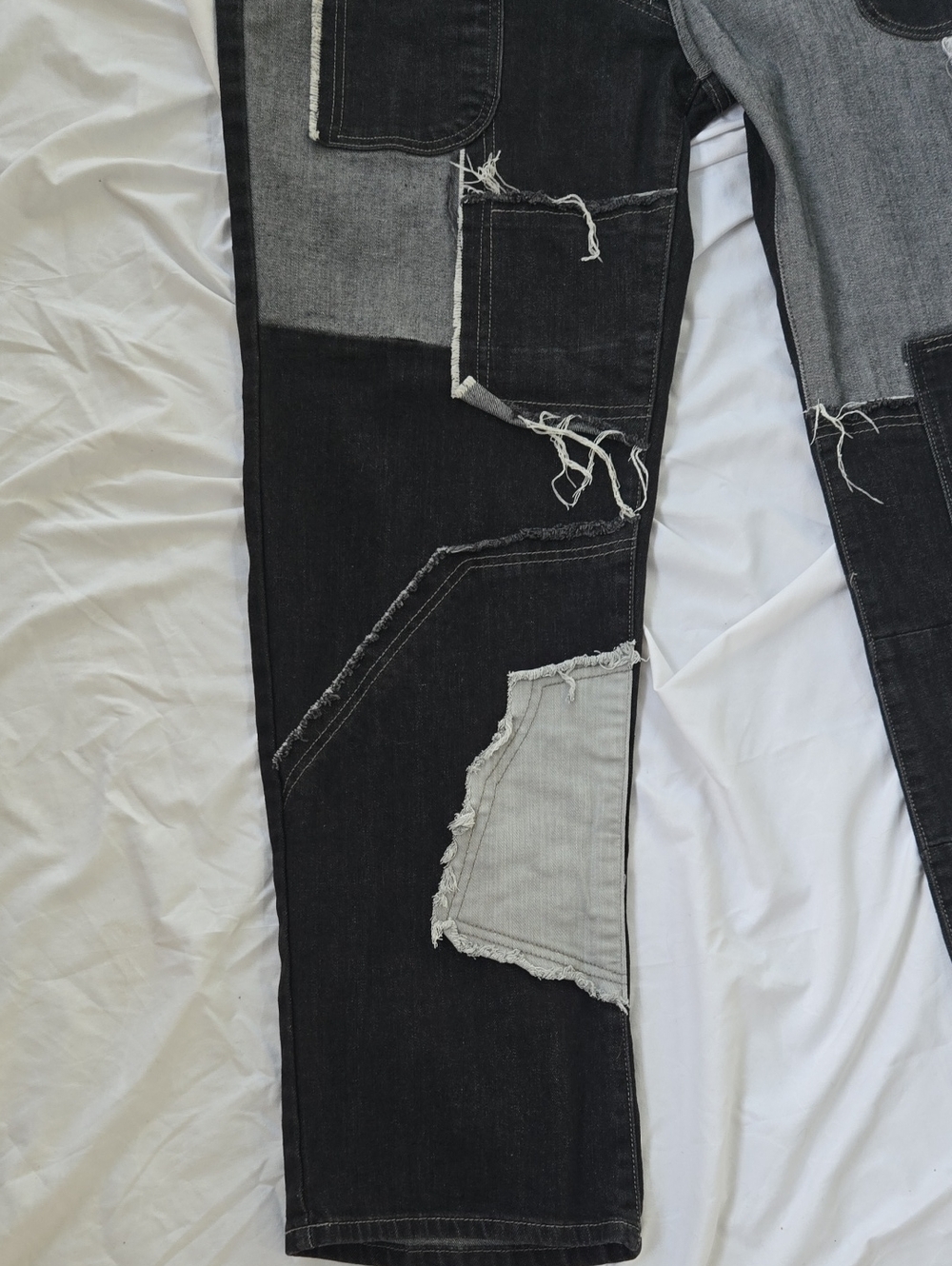 Mens Cool Black Jeans With Multi Patch Work Different Colors & Fringe Front Only - Picture 6 of 9